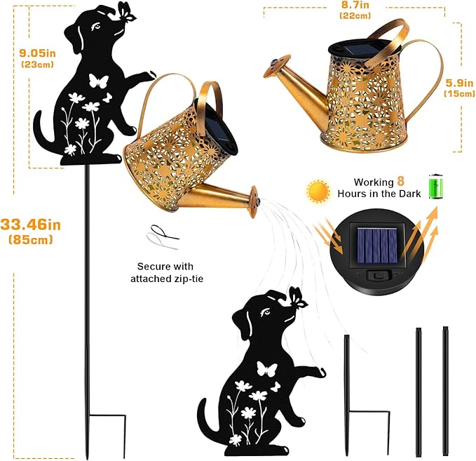 Garden Decor for Outside - Solar Watering Can with Lights, Metal Dog Silhouette Stake with Cascading Waterfall LEDs, Waterproof Yard Art for Lawn Patio, Unique Gardening Gifts for Women Mom 2 Pack