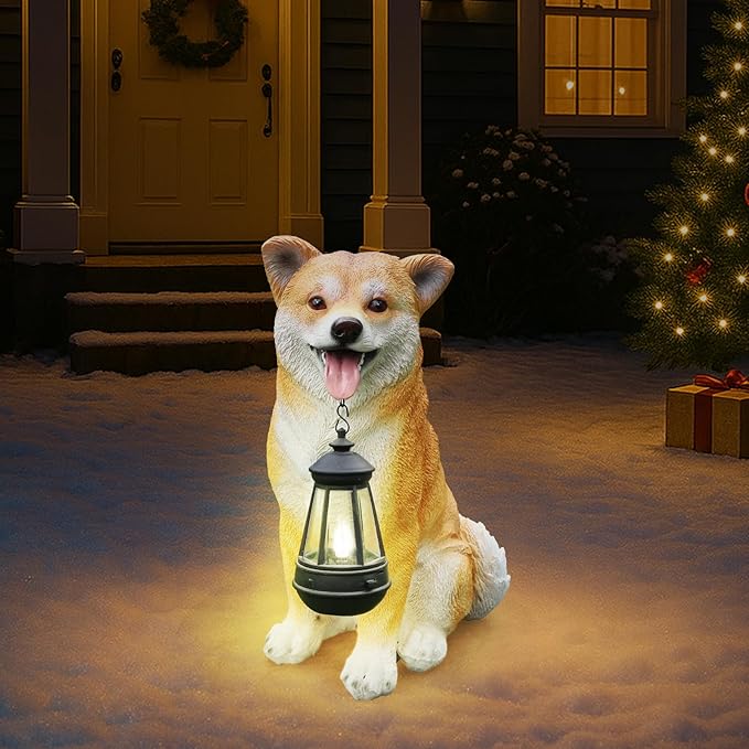 Akita Dog Garden Statue with Solar Lantern & Interchangeable Welcome/On Patrol Sign, Outdoor Resin Puppy Sculpture Decor for Patio, Porch, Yard, Lawn Ornament, Gift for Dog Lovers