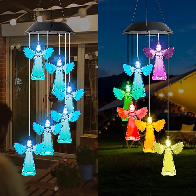 MorTime 28" LED Solar Wind Chime, Color Changing Solar Angel Wind Chimes Mobile Hanging Wind Chime for OutsideHome Garden Decoration