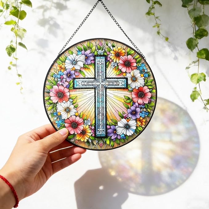 Cross Flower Suncatcher Stained Glass Window Hanging, Christian Wildflower Sunset Landscape Sun Catchers Indoor Window Glass Round Wall Decor, Religious Wall Art Hanging Decorations Statues