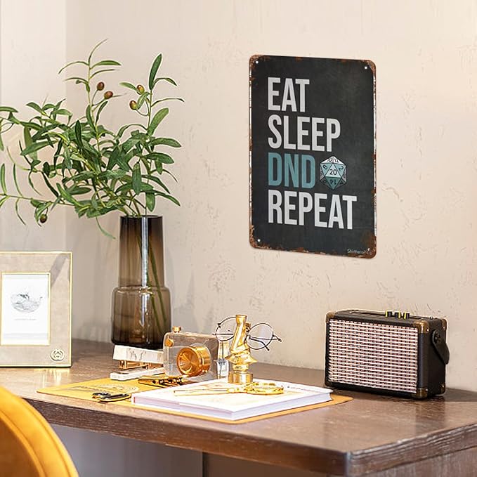 Retro Tin Signs Eat Sleep Dnd Repeat Vintage Metal Wall Decor for Home,Garden,Office,and Outdoor Aesthetic Room Decor and Wall Art 8x12IN
