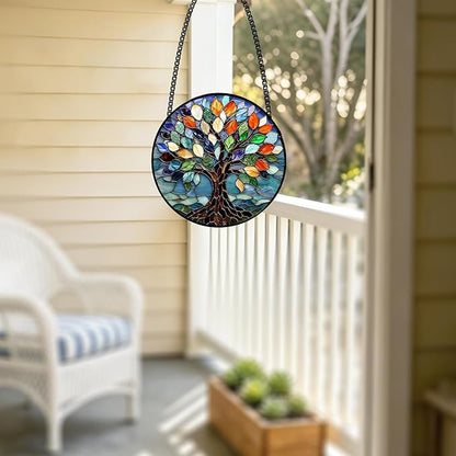 Stained Glass Window Hanging, Tree of Life Sun Catchers Glass Panel Colorful Suncatcher Decor for Birthday, Women, Men, Wife, Aunt, Lovers, Home Garden 7.8 in