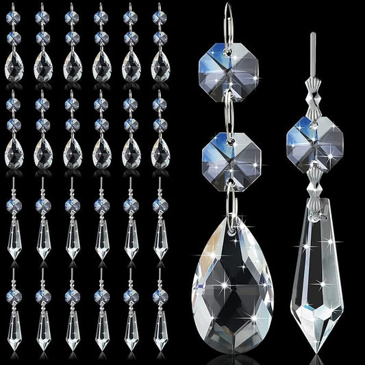 Potchen 24 Pcs Chandelier Crystal Replacement 38 mm Teardrop & Icicle Crystal Prisms Hanging Gems Parts for Lamps and Chandeliers Suncatcher Christmas Tree Windows Home Decor (Clear)