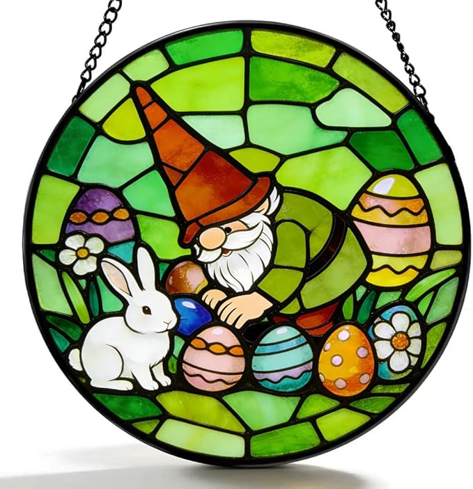 Funoasis Stained Glass Window Hanging Suncatcher - 6.3 Inches Easter Eggs and Rabbit Gnome Ornaments Sun Catcher Home Decor Spring Decoration