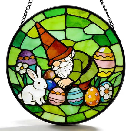 Funoasis Stained Glass Window Hanging Suncatcher - 6.3 Inches Easter Eggs and Rabbit Gnome Ornaments Sun Catcher Home Decor Spring Decoration