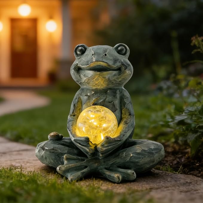 Zen Yoga Frog Garden Statue Ornament, Outdoor Decor, Solar Patio Garden Sculptures & Statues, Gift Ideas for Women