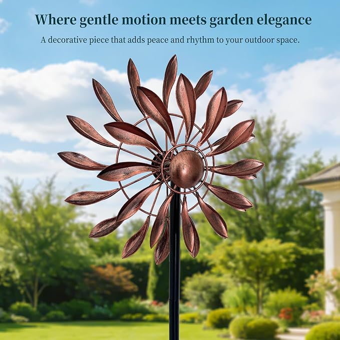 Wind Spinners Outdoor Metal, 360° Kinetic Wind Spinner with Stake, Metal Garden Yard Patio Lawn Windmill Decor (12.6" Dia, 56.7" H, Copper Petal)