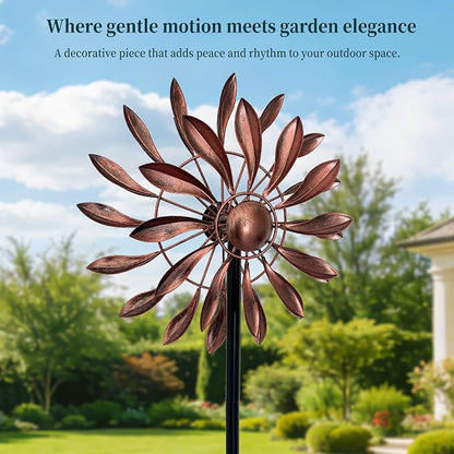 Wind Spinners Outdoor Metal, 360° Kinetic Wind Spinner with Stake, Metal Garden Yard Patio Lawn Windmill Decor (12.6" Dia, 56.7" H, Copper Petal)