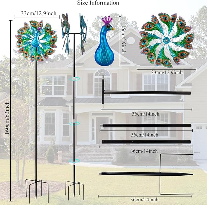 Wind Spinners Outdoor Peacock, 63 Inch Double-Sided Garden Windmill for Yard with 8 Blue Feather Blades, Large Metal Garden Wind Spinner