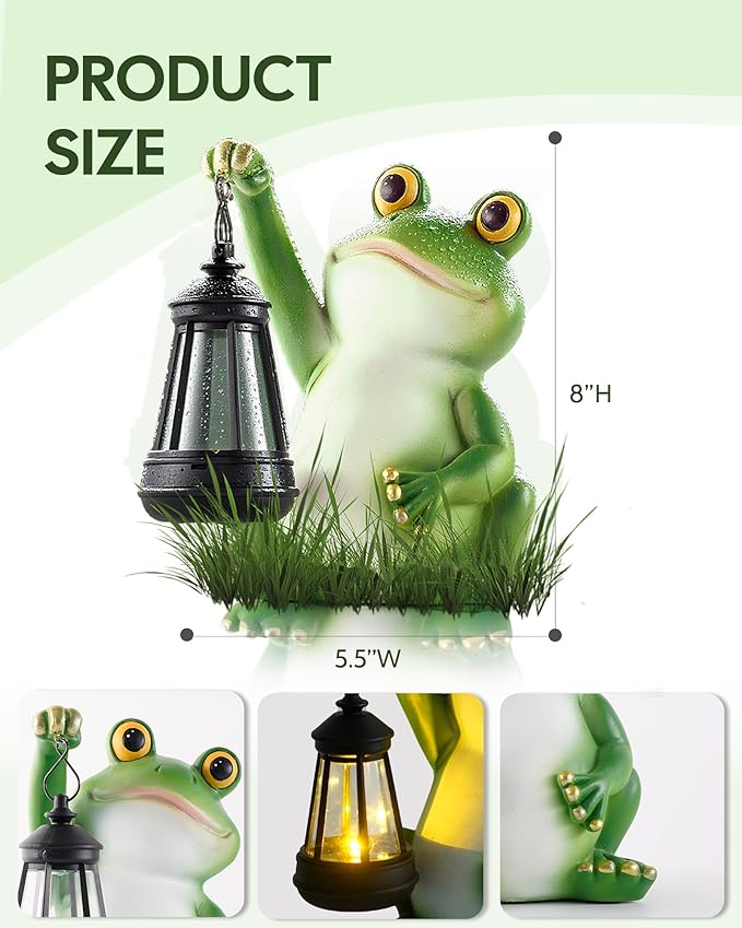 Vuees Solar Frog Garden Statue Light, Outdoor Waterproof Decorative Lantern Figurine, Cute Yard Art for Garden Patio Pond Balcony Porch Decor, Housewarming & Gardening Gifts for Women Grandma Mom