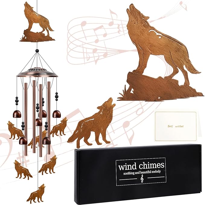 Wolf Wind Chimes for Outside - Wolf Gifts Decor for Women Men, Birthday Housewarming Christmas Festival Gifts Ideas, Metal Memorial Wind Chimes for Outdoor, Porch Patio Yard Garden Decor