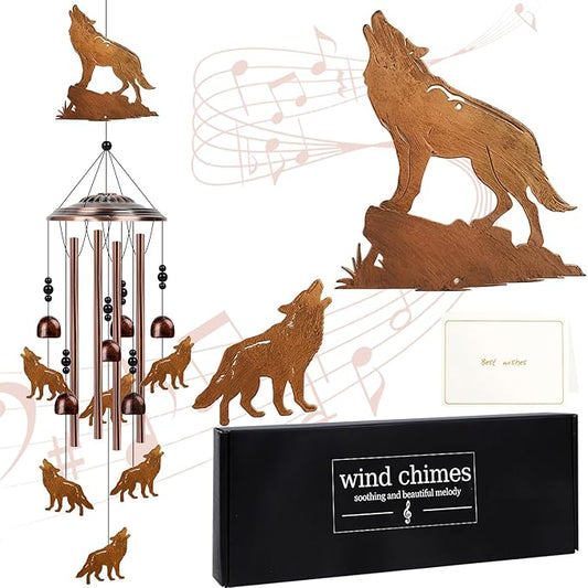 Wolf Wind Chimes for Outside - Wolf Gifts Decor for Women Men, Birthday Housewarming Christmas Festival Gifts Ideas, Metal Memorial Wind Chimes for Outdoor, Porch Patio Yard Garden Decor