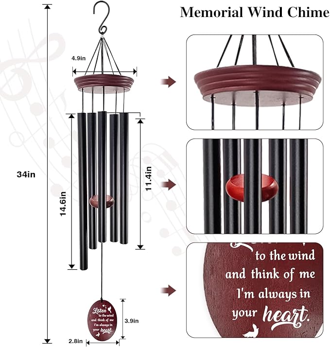 Sympathy Wind Chimes for Outside, 33.5" Large Memorial Wind Chime with Bird & Heart Sail, Remembrance Gift for Loss of Mother Father, Listen to the Wind Bereavement Gift, Black