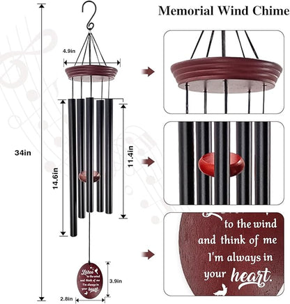 Sympathy Wind Chimes for Outside, 33.5" Large Memorial Wind Chime with Bird & Heart Sail, Remembrance Gift for Loss of Mother Father, Listen to the Wind Bereavement Gift, Black