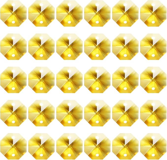 PATIKIL K9 Crystal Octagon Beads 2 Holes Pendants, 60 Pack 14mm Chandelier Prisms Parts Ornaments Hanging Beads for DIY Arts Crafts Decoration, Golden