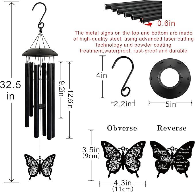 Wind Chimes for Mom - Birthday Gift from Daughter or Son, Perfect for Mother's Day, Christmas, Valentine's, Thanksgiving | Soothing Wind Bell, Gift for Mom Who Has Everything (Butterfly 2)