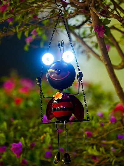 GDF Solar Lady Bugs Swing Metal Ladybug Hanging Animal Garden Decor Waterproof Solar Lights Decorative Outdoor Lights for Outside Patio Balcony Pathway Lawn Yard,Christmas Gifts for Her/Him