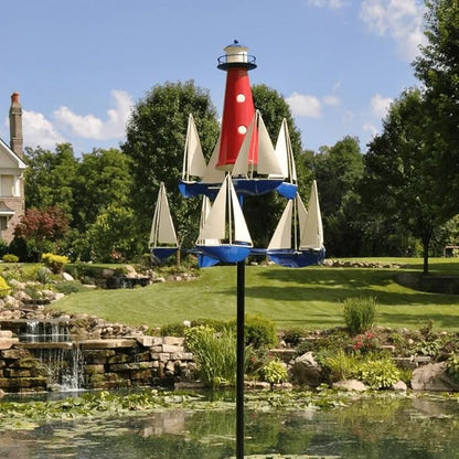 Kinetic Art Wind Sculpture - Summer Lighthouse Sailboat Windmills, Nautical Art Garden Windmills, Large Metal Sailboat Wind Spinners Decor for Outdoor Yard and Garden (1pc)