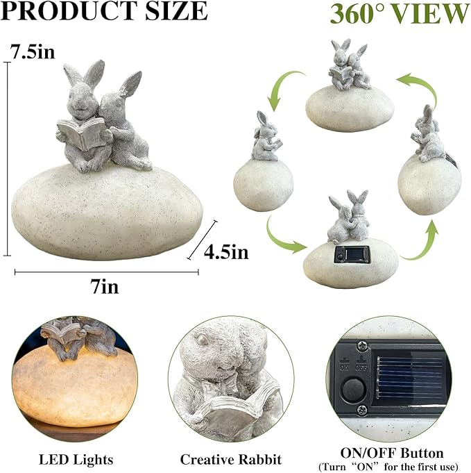 Solar Bunny Garden Statue with LED Light – Cute Solar Garden Decor Outdoor Rabbit Statue for Patio Yard Backyard Lawn, Bunny Decor Garden Statues, Easter Rabbit Gifts-Stone