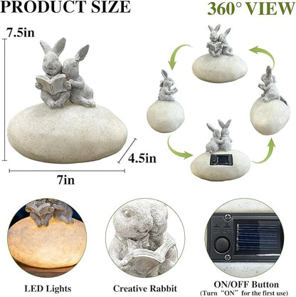 Solar Bunny Garden Statue with LED Light – Cute Solar Garden Decor Outdoor Rabbit Statue for Patio Yard Backyard Lawn, Bunny Decor Garden Statues, Easter Rabbit Gifts-Stone