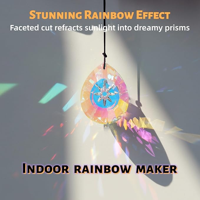 Crystal Sun Catcher with 6 Hanging Prisms | Rainbow Maker & Window Suncatcher for Home Decor, Garden Pendants | Includes Hanging Rope & 6