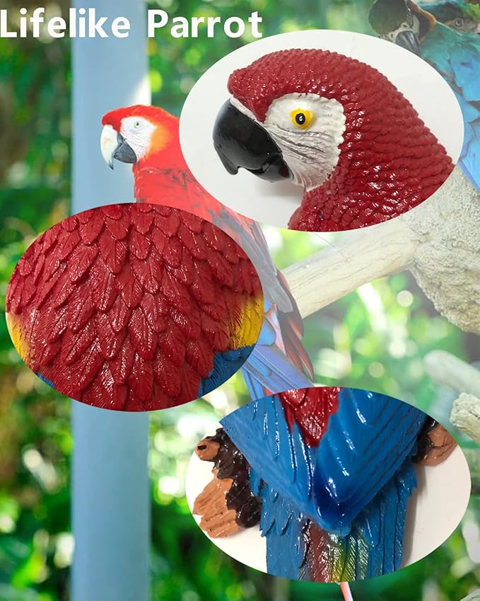 2Pcs Large Parrot Decor Outdoor Tiki Bar Decorations Realistic Parrot Statues for Pool Hawaiian Tropical Decor, 12.5" Lifelike Fake Macaw Sculptures for Palm Tree Jungle Garden Patio Yard(Green, Red)