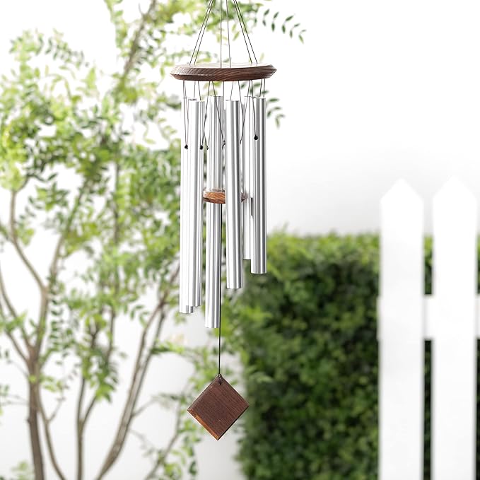 Woodstock Wind Chime for Outside Garden and Patio Decor, 27” Silver Aluminium and Teakwood Wind Chimes, Elegant Chime for Yard and Outdoor Gift