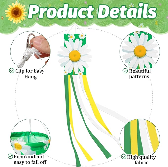 40 Inches 3D Daisy Windsock Decoration, Dimensional Hanging Outdoor Wind Sock with Green, White, and Yellow Streamers for Garden, Yard, Porch, Spring and Floral-Themed Party Decor