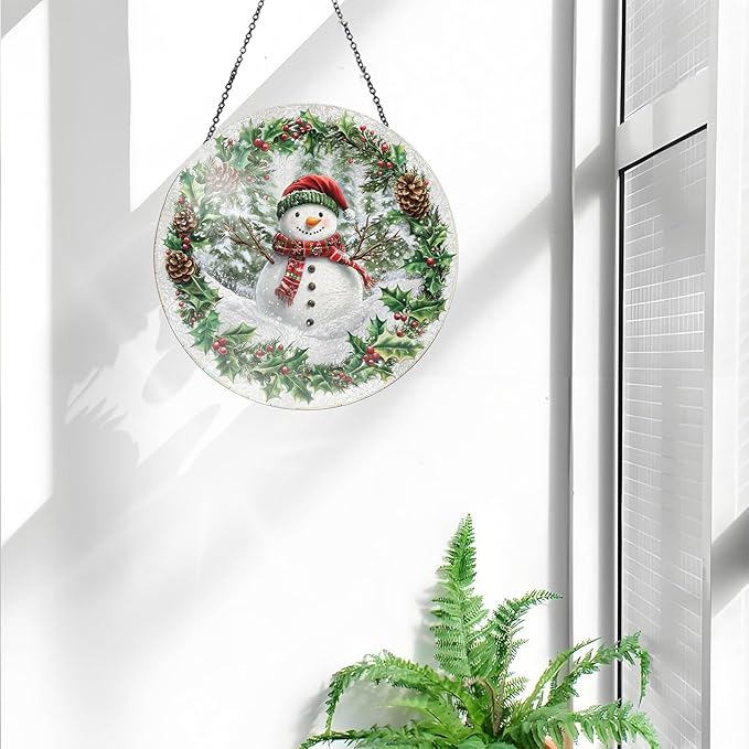 Bimkole Snowman Stained Glass Suncatcher Window Hanging - Christmas Indoor Window or Doorway Decoration - Handmade Sun Catcher Decor for Garden Home Christmas & Birthday Gifts 7.87x7.87 inch