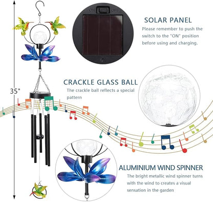 Taman Solar Wind Chime - 35"Hummingbird Solar Lights Wind Chimes Valentine's Day Gift with Spinner for Outside Deep Tone Decorative Memorial Gift for Home, Outdoor, Yard, Patio, Balcony, Garden Decor