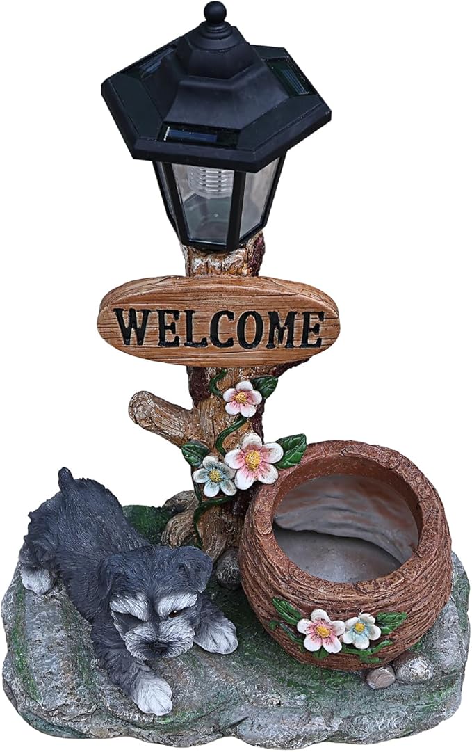 Solar Light Animal Outdoor Statue Planter with Welcome Sign, Resin Garden Sculpture Flower Pot for Patio Lawn Porch Yard Courtyard Decor, Weather-Resistant Decorative Figurine Accent (A)