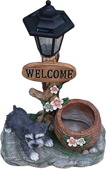 Solar Light Animal Outdoor Statue Planter with Welcome Sign, Resin Garden Sculpture Flower Pot for Patio Lawn Porch Yard Courtyard Decor, Weather-Resistant Decorative Figurine Accent (A)