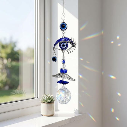 Crystal Suncatcher for Windows - Hanging Prism Sun Catchers with Crystal Balls&Blue Eye, Rainbow Maker for Home、 Garden、Car Decor (Evil Eye)