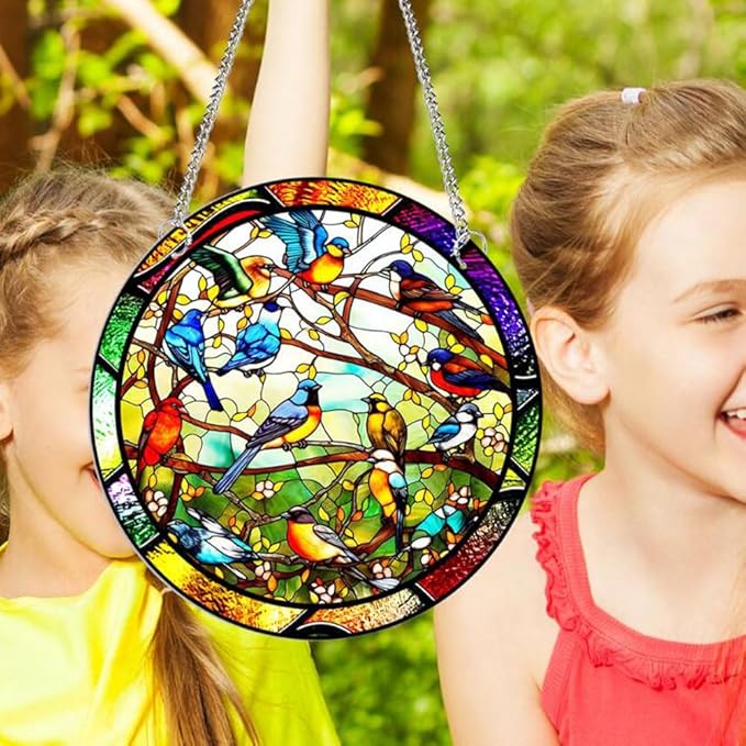 7.9'' Acrylic Window Hanging Decor,Stained Panel Hangings Decorative Acrylic Wall Decor Colorful Ornament Window Hangings for Outdoor Indoor Decor(Birds Concert)