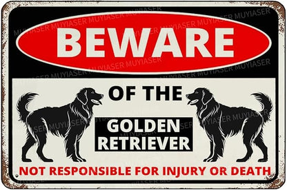 Beware Of The Dog Golden Retriever Sign Aluminum Metal Tin Signs Outdoor Yard Sign Warning Sign For Fence Yard Home Kitchen Farm Garden Wall Decor 8x12 Inch