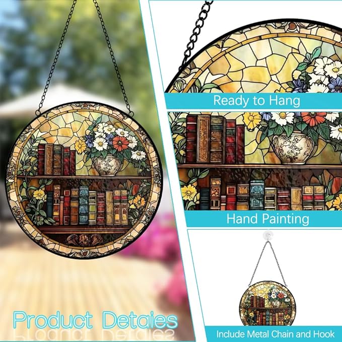 Book Suncatcher Stained Glass Window Hanging - 8 Inch Books Flowers Suncatchers for Windows Hanging - Sun Catchers Indoor Wall Decor Glass Panel with Hook - Bookish Gifts for Women Men Book Lovers