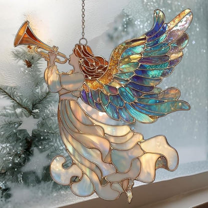 Whistle Angel Mosaic Style Tiffany Effect Acrylic Suncatcher Stained Glass Effect Window Car Hanging Christmas Ornament Indoor Outdoor Decor Garden Sun Catcher Panel for Women Mom Grandma