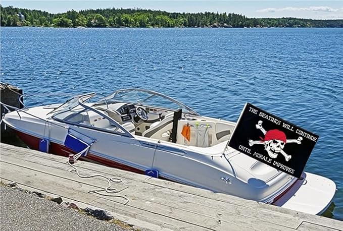 Pirtae Skull Boat Flag 12X18Inch, Quote The Beatings Will Be Continue Until Morale Improves Flags, Double-Sided Printed, Funny Meme Flags, Men Women Banner, Fade Proof Vivid Color, Double Stitched with 2 Brass Grommets, Bar Garden Street Decoration, GY...