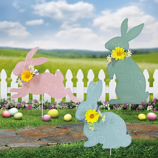 Easter Decorations Outdoor,3 Pack Metal Bunny Yard Sign Stakes for Outside,Pastel Rabbit Silhouettes Garden Decor for Lawn,Happy Easter Women Gifts