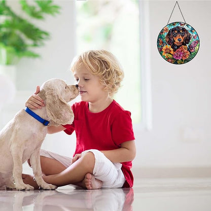 Dog Stained Glass Window Hanging Dachshund in Flowers Suncatcher Colored Glass Suncatcher for Indoor Garden Decoration Gift for Per Lover Memorial Wife Friend Family 6.3in