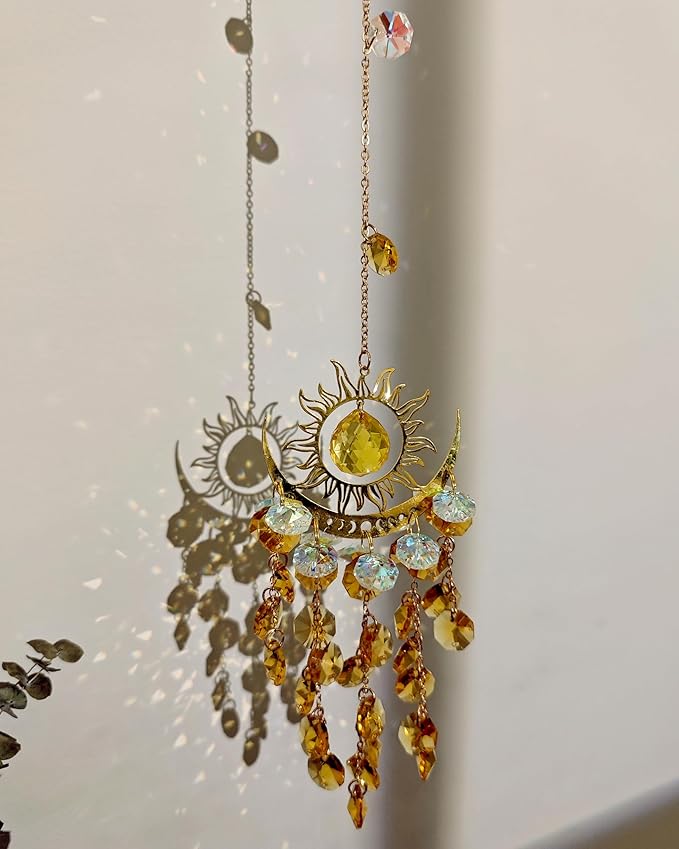 Celestial Crystal Suncatcher Hanging Indoor Window Prism Beads Moon and Sun Sunlit Catchers