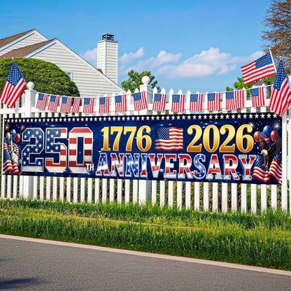 9.8 x 1.6 FT 250th Anniversary Banner, Red White Blue Stars Stripes Design for Independence Day, 1776-2026 250 Years Birthday, Patriotic Outdoor Yard Decor, Fence Banner Home Outside Decorations