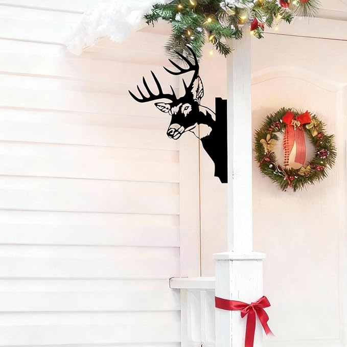 Peeping Metal Deer Decor - Black Deer Yard Art for Outdoor Tree, Fence, or Farmhouse Wall, 11.4" x 9.37" Weatherproof Metal Animal Silhouette (Screws Included)