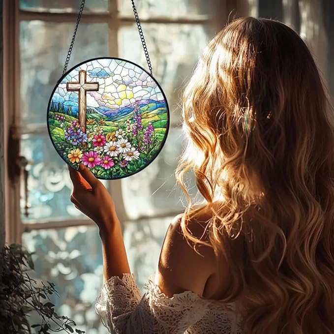 8 Inch Stained Glass Cross Suncatcher for Window Hanging, Stained Glass Windows Hanging Religious Gifts for Women, Sun Catcher for Home Garden Decor, Baptism, Memorial (Cross & Wildflowers)