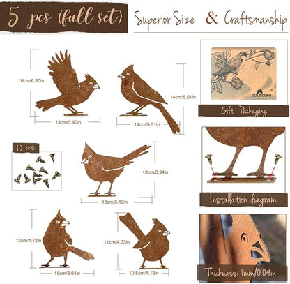 OULYDEKO 5PCS Rusty Birds Decoration, Garden Decor Spring Decorations Outdoor, Metal Birds Yard Decor Perfect Yard Art and Large Outdoor Ornaments, Cardinal Gifts，Metal Bird Silhouette Statues