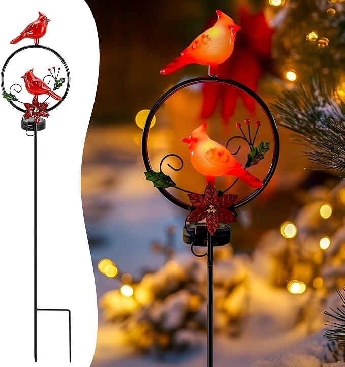 Cardinal Solar Christmas Lights Outdoor with Holly Berries, Solar Powered Waterproof Garden Stake for Patio Yard Decor, Memorial Gift for Mom & Grandma