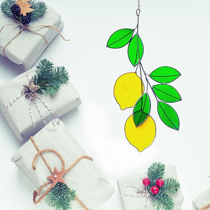Lemon Leaf Suncatchers - Real Stained Glass Window Hangers - Sun Catchers - Indoor Window Gifts for Plant Lovers