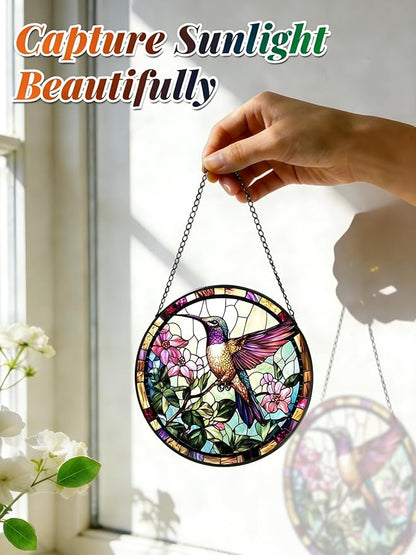 Stained Glass Window Hanging, Hummingbird Suncatcher for Door Home Decor, Birds Flowers Sun Catcher Ornament Mother's Day Birthday Gifts for Bird Lovers Women Men Mom 6.3 in