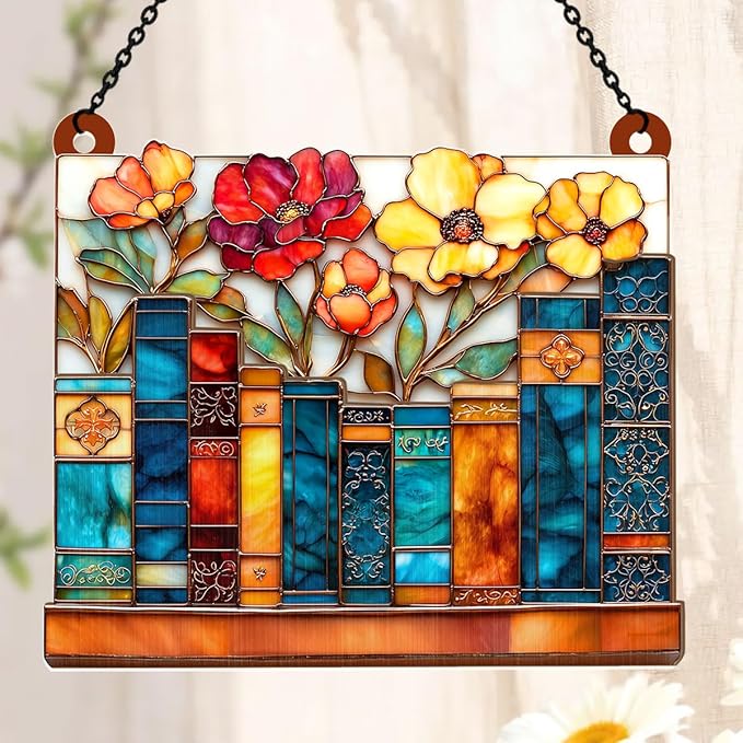 Jesuspirit - Window Hanging Suncatcher – Crystal Clear Acrylic & Wood Sun Catcher for Home Decor, for Women (The Floral Library, 8 Inches)