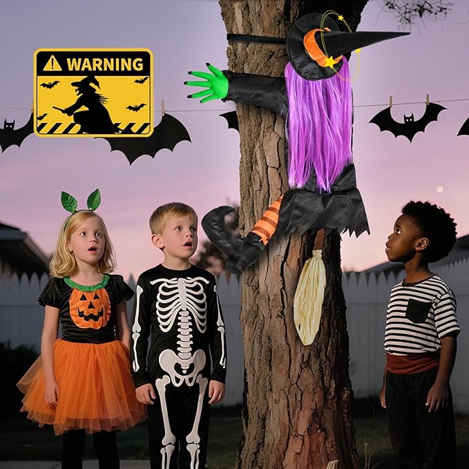 Crashing Witch into Tree Halloween Outdoor Decoration with 2 Pack 43‘’ Hanging Ghost Light Up Ghost Decorations, Halloween Decor for Yard Garden Porch